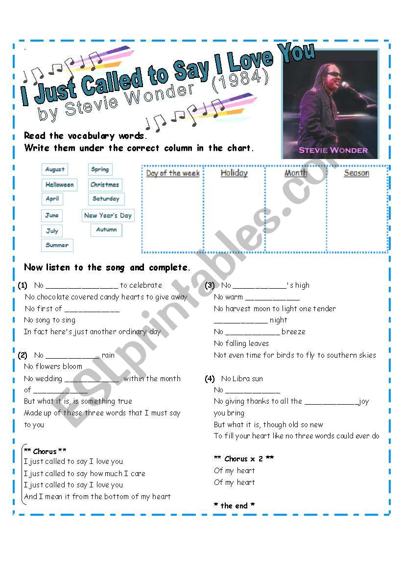 Practice Days, Months, Holidays & Seasons with SONG: I Just Called to Say I Love You by Stevie Wonder [3 pages w/ lyrics]